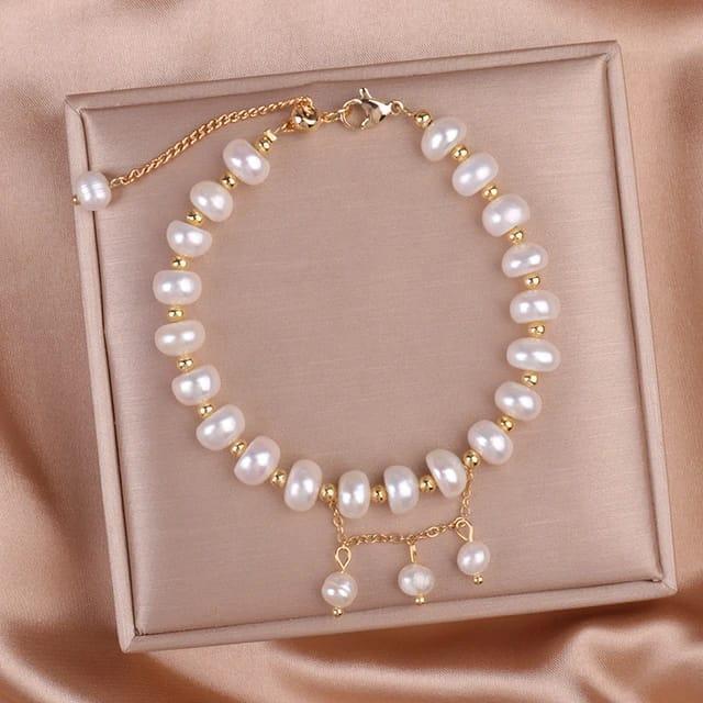 Elegant beaded gold plated pearl bracelet and necklace