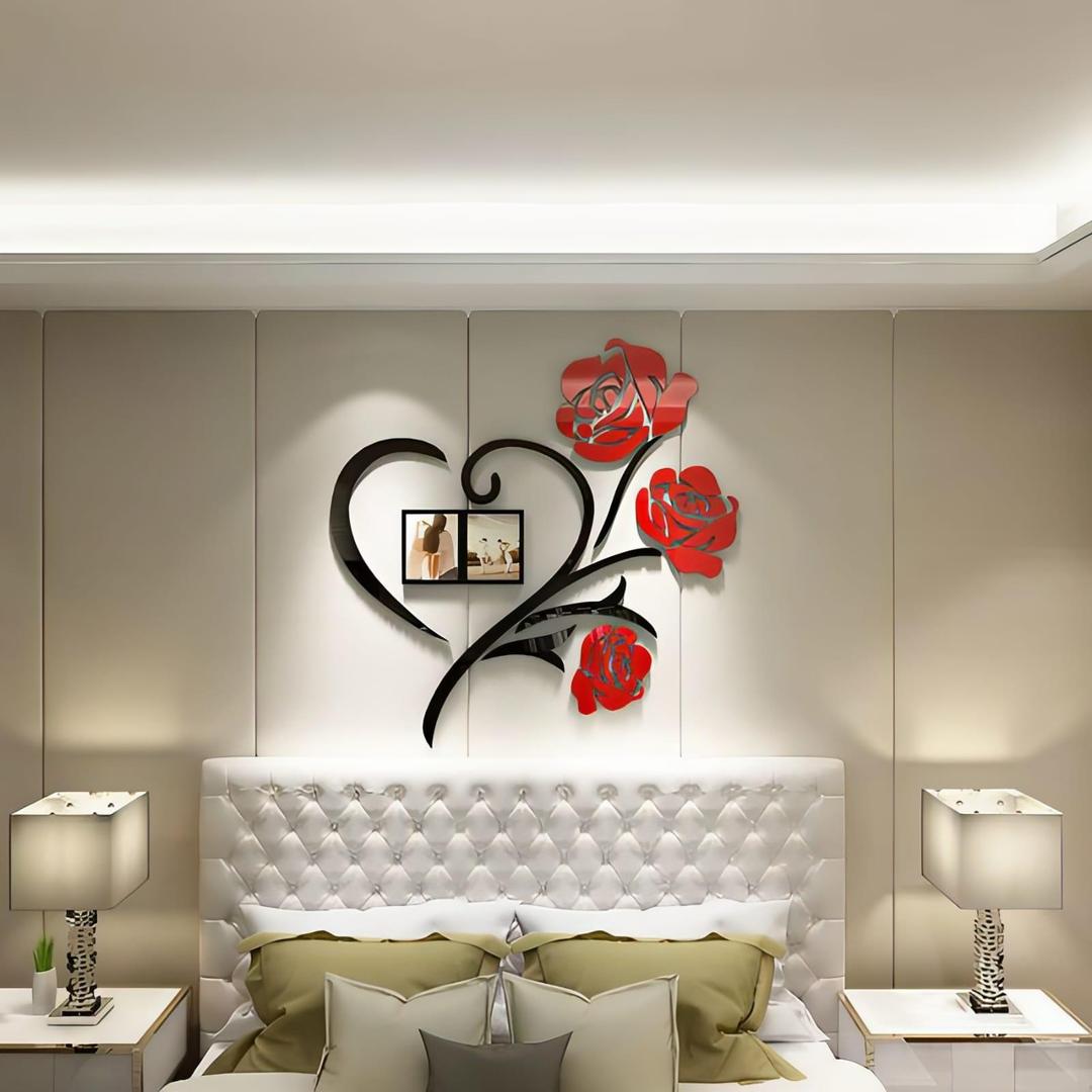 Heart shaped red flower wooden wall art with photo frames
