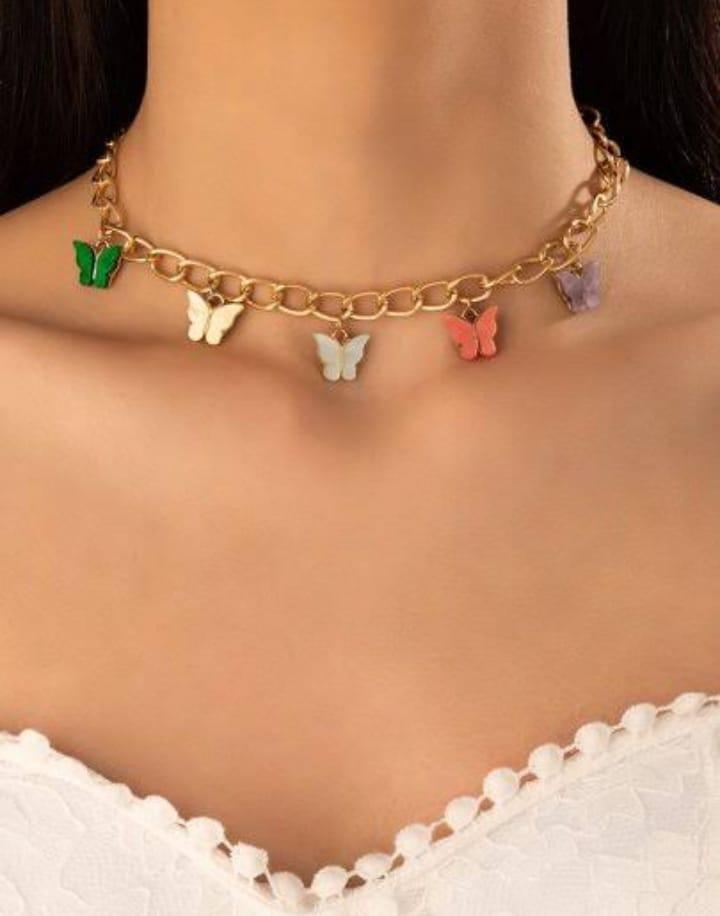 Butterflies hanging gold plated artificial stones necklace