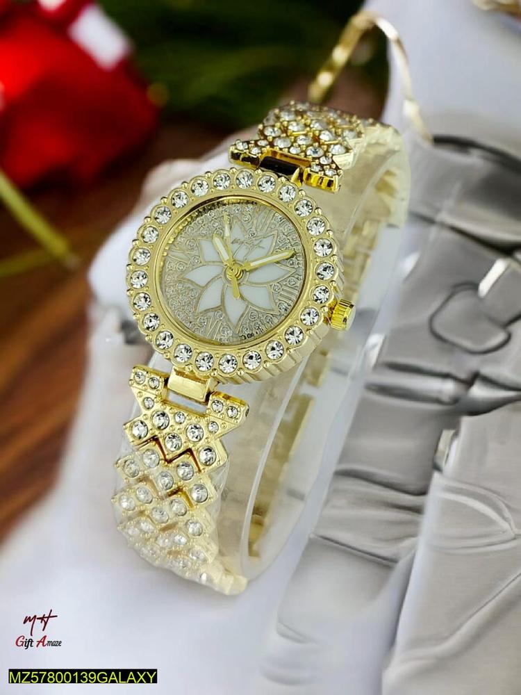 Women golden beads chain strap watch