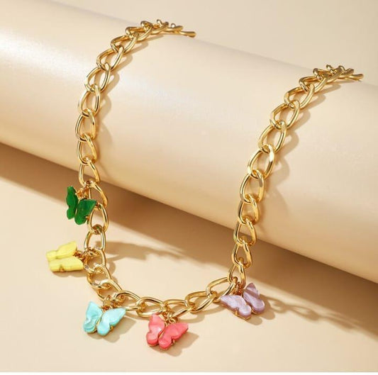 Butterflies hanging gold plated artificial stones necklace