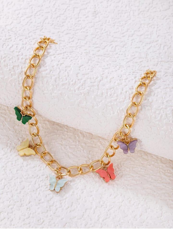 Butterflies hanging gold plated artificial stones necklace