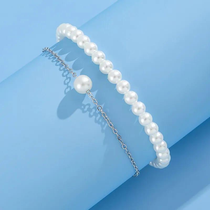 2 PCs alloy silver plated pearl stone anklet