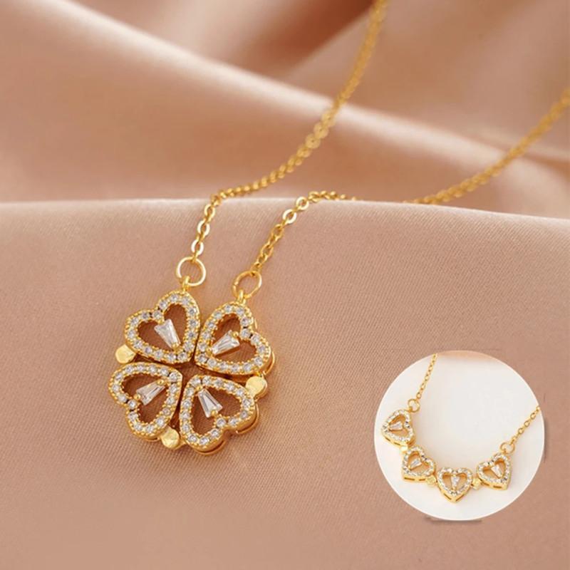 Magnetic four-leaf clover heart neckllace