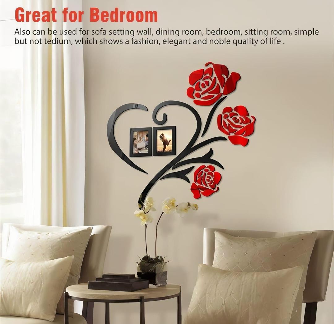 Heart shaped red flower wooden wall art with photo frames