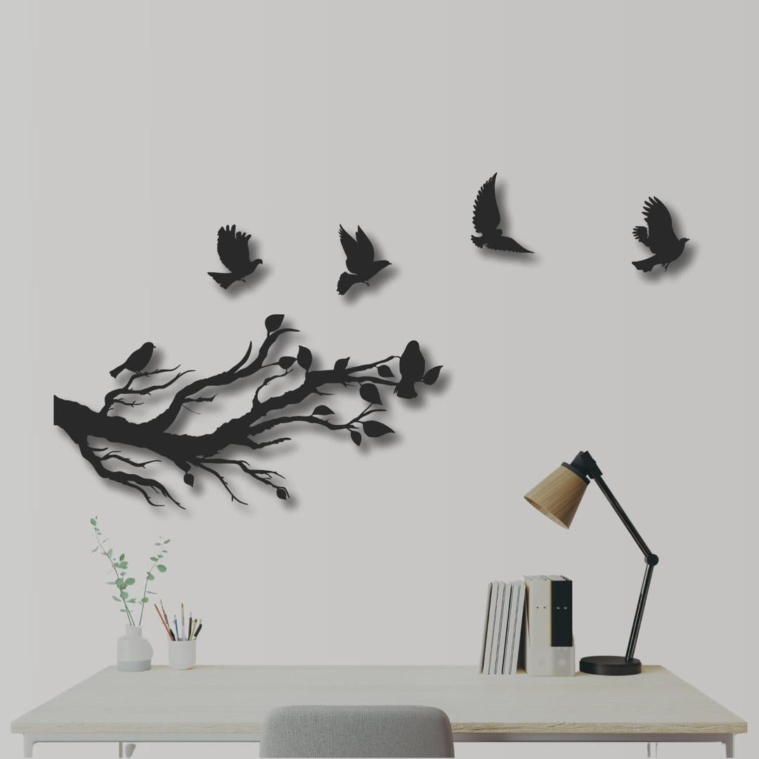 Flying birds from three branches wooden wall art