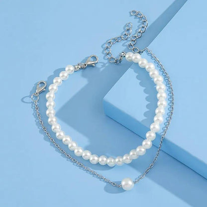 2 PCs alloy silver plated pearl stone anklet