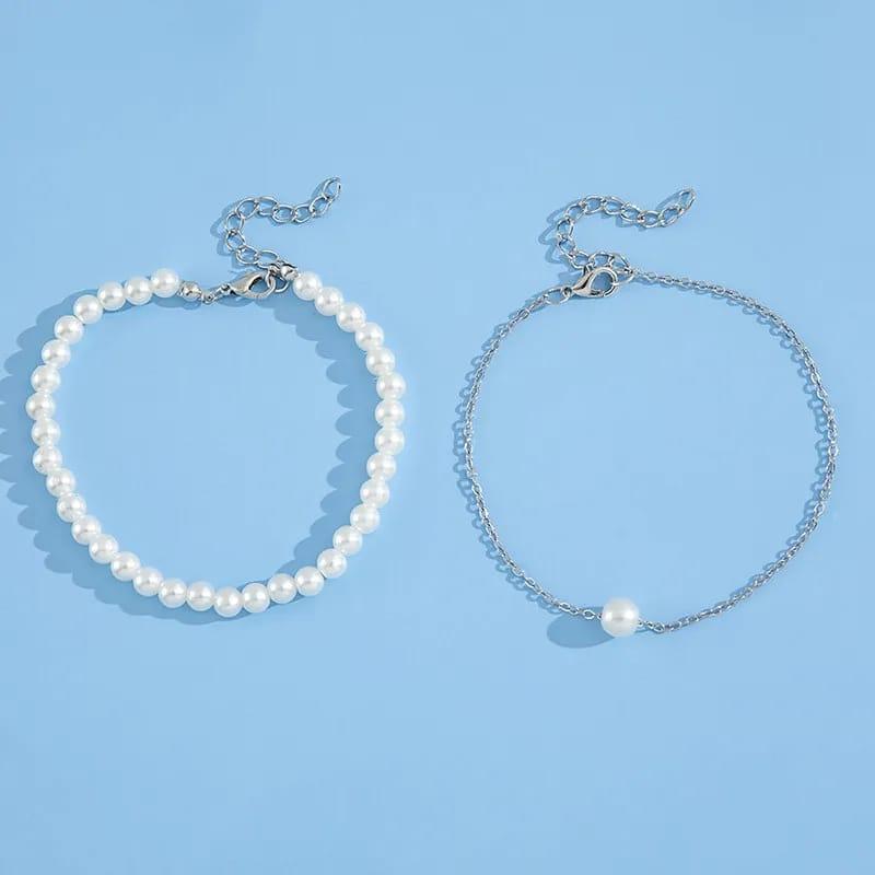 2 PCs alloy silver plated pearl stone anklet