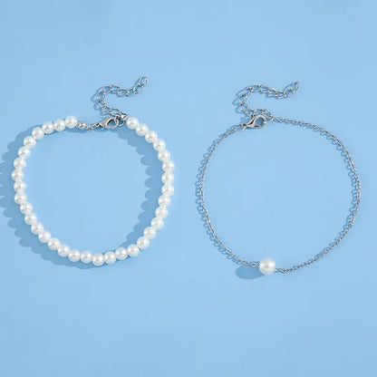 2 PCs alloy silver plated pearl stone anklet