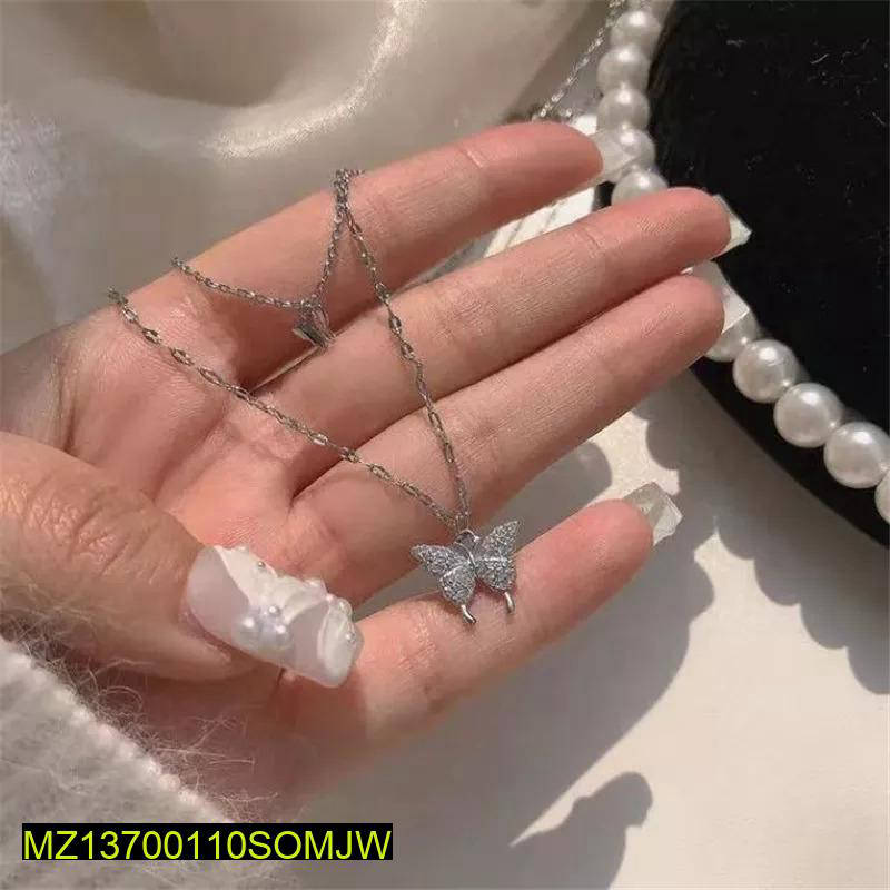 Silver plated double layer butterfly necklace