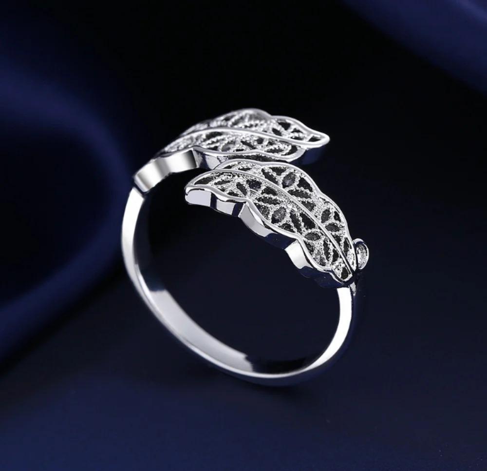 Leaves design silver plated zircon adjustable ring