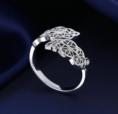 Leaves design silver plated zircon adjustable ring