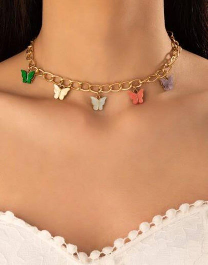 Butterflies hanging gold plated artificial stones necklace