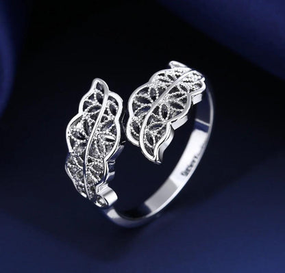 Leaves design silver plated zircon adjustable ring