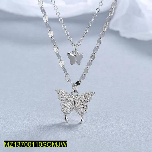 Silver plated double layer butterfly necklace
