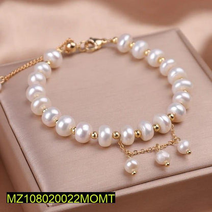 Elegant beaded gold plated pearl bracelet and necklace