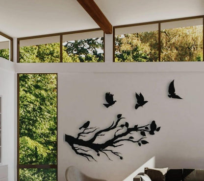 Flying birds from three branches wooden wall art