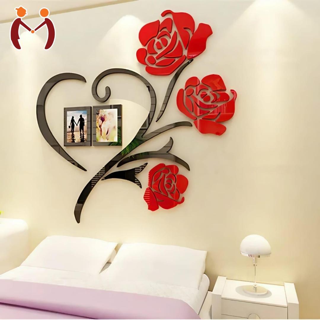 Heart shaped red flower wooden wall art with photo frames
