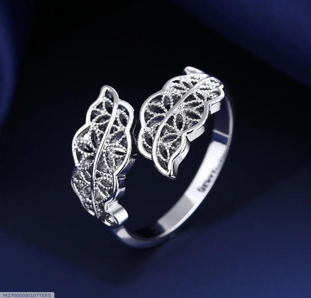Leaves design silver plated zircon adjustable ring
