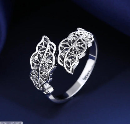 Leaves design silver plated zircon adjustable ring