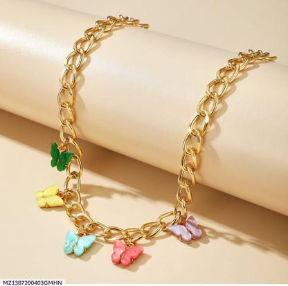 Butterflies hanging gold plated artificial stones necklace