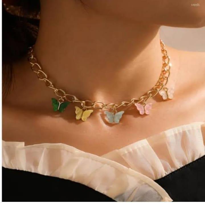 Butterflies hanging gold plated artificial stones necklace