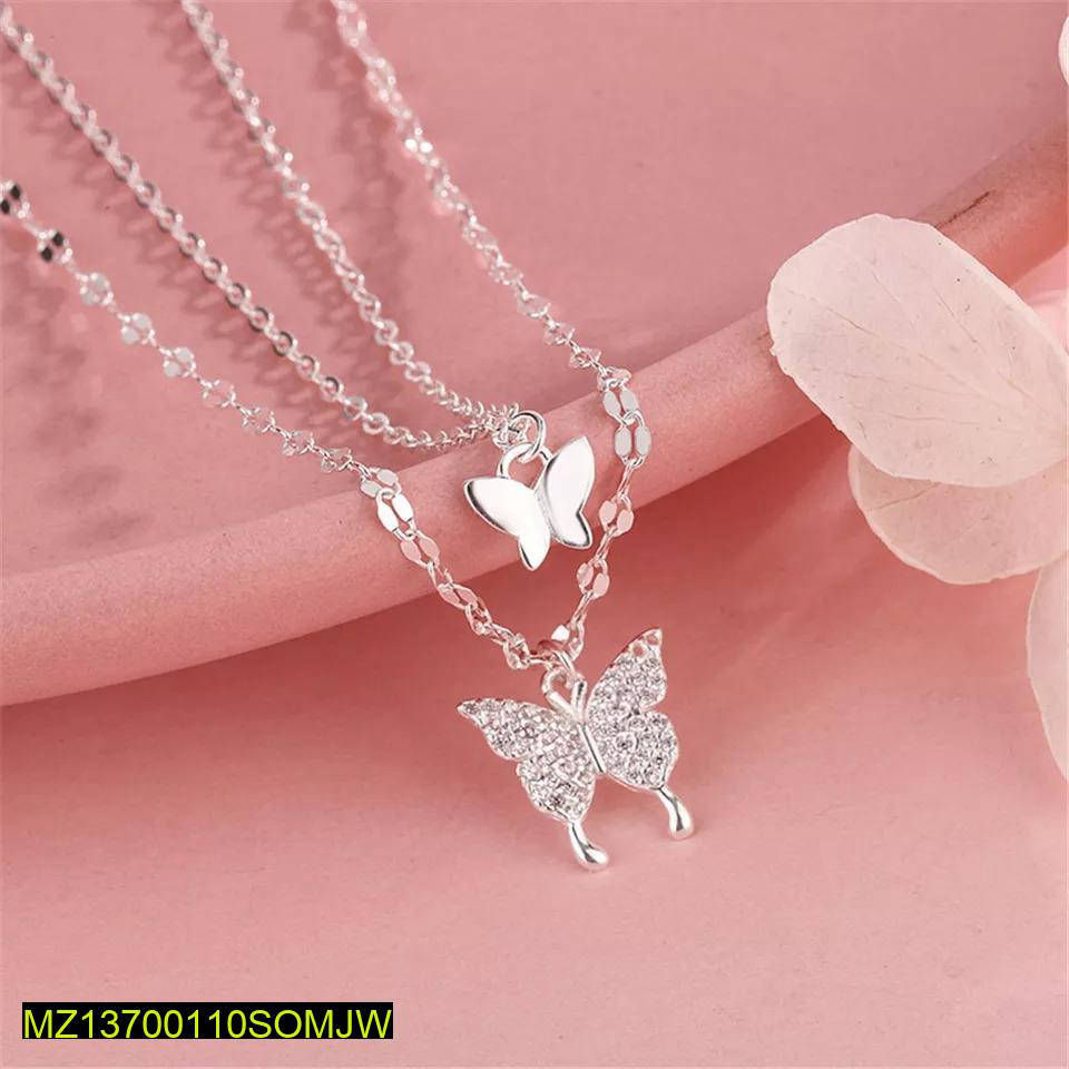 Silver plated double layer butterfly necklace