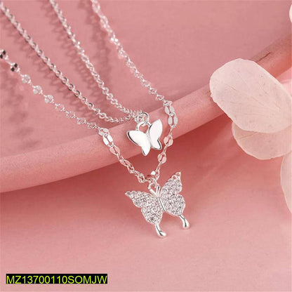 Silver plated double layer butterfly necklace